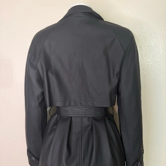 Black PU leather belted single breasted long trench coat - Picture 7 of 13
